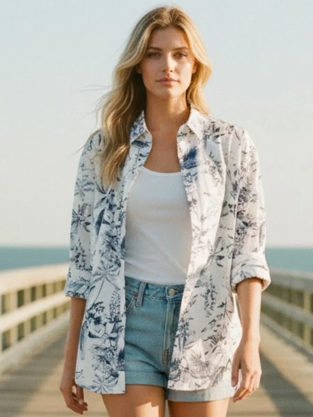 Hyacinth House Beau Boyfriend Shirt XXS NWT Navy Floral Bracelet Sleeve - Picture 2 of 11